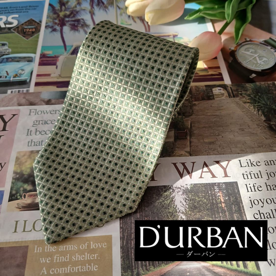 D’URBAN 더반 실크 그린 패턴 넥타이 9.3cm A등급 a19671 상품이미지2