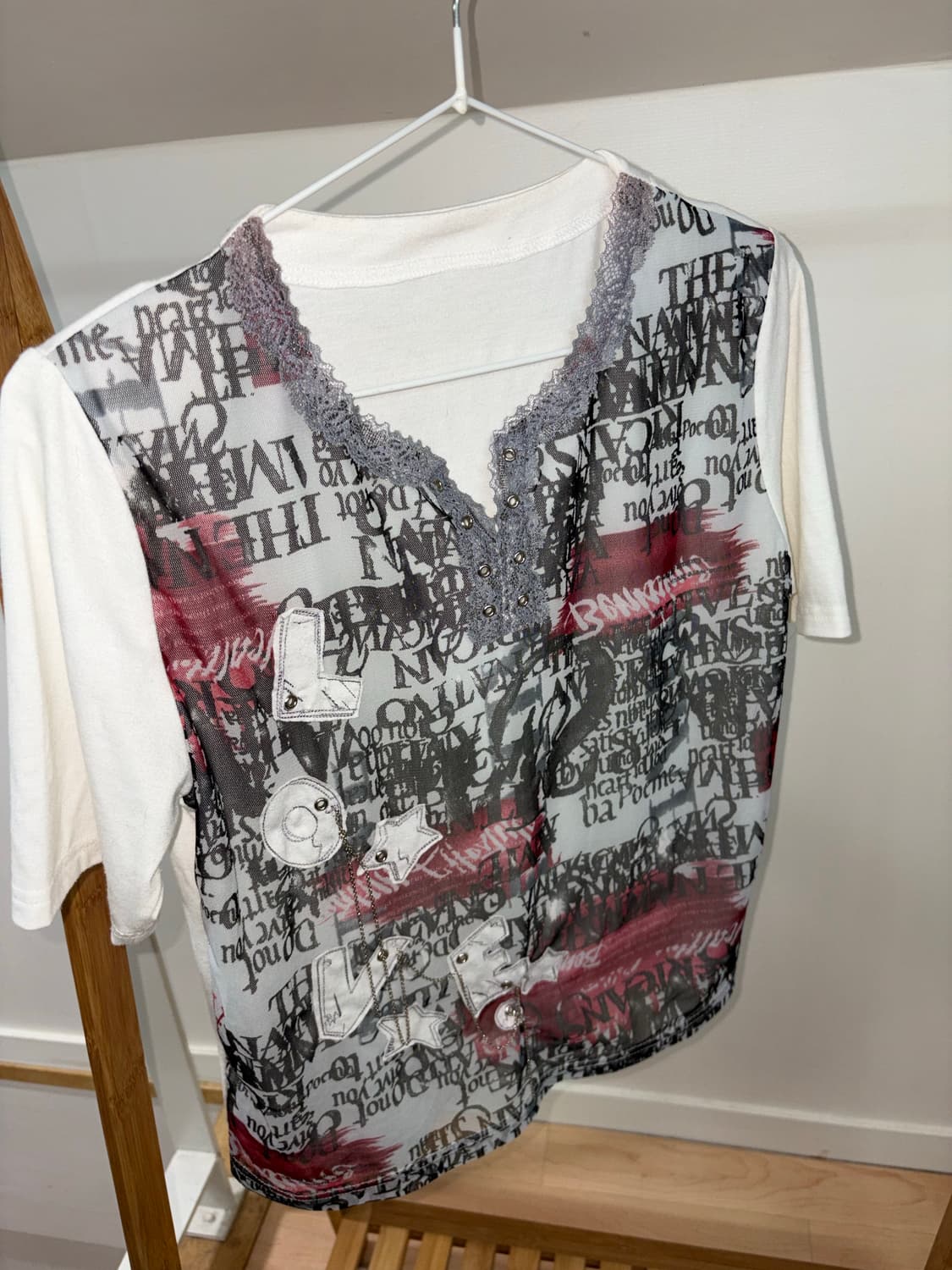 Y2k 펑크 그래픽 콜라주 시스루 반팔 슬리브 상품이미지1