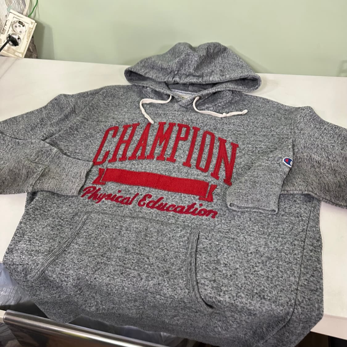 M 챔피온 나염진그레이 빅패치로고 폴리코튼 후드티 상품이미지2