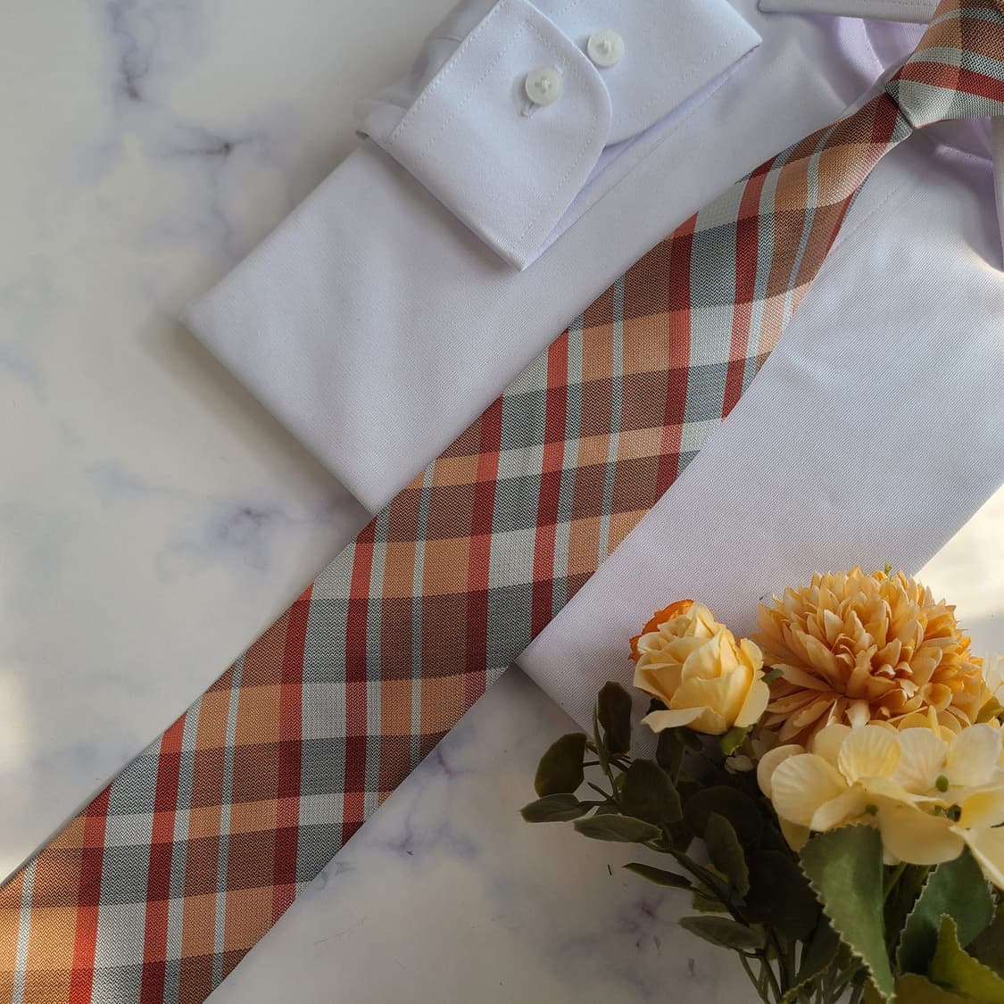 캘빈클라인 실크 오렌지 체크 패턴 넥타이 7.7cm A등급 E705 상품이미지7