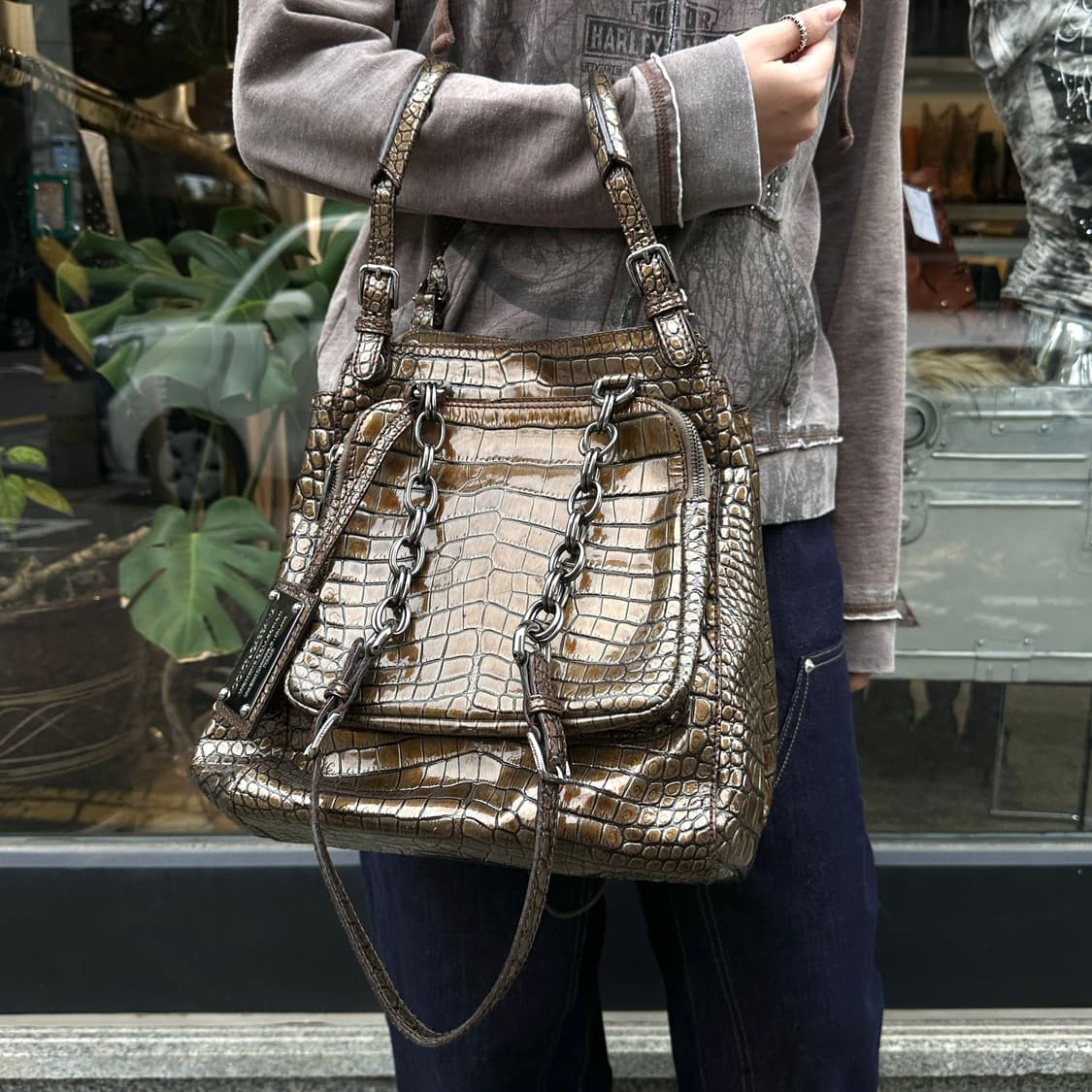 00s 돌체앤가바나 메탈릭 그린/골드 크로커다일 백 상품이미지8