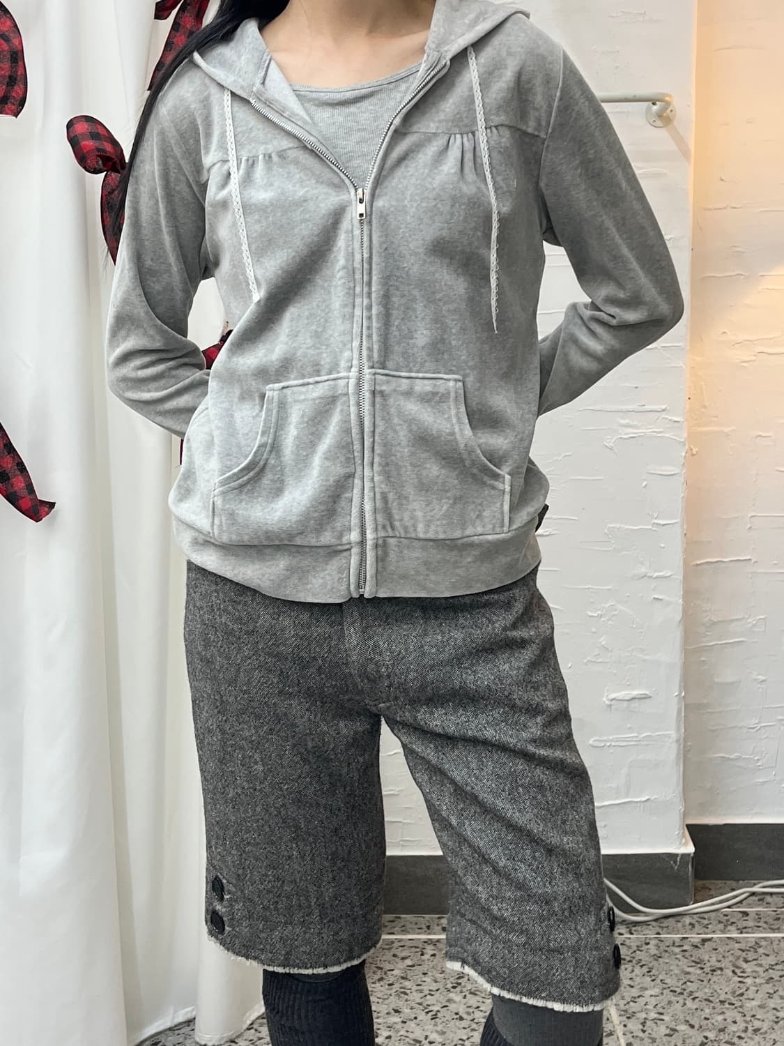 lace string velvet hoodie 상품이미지5