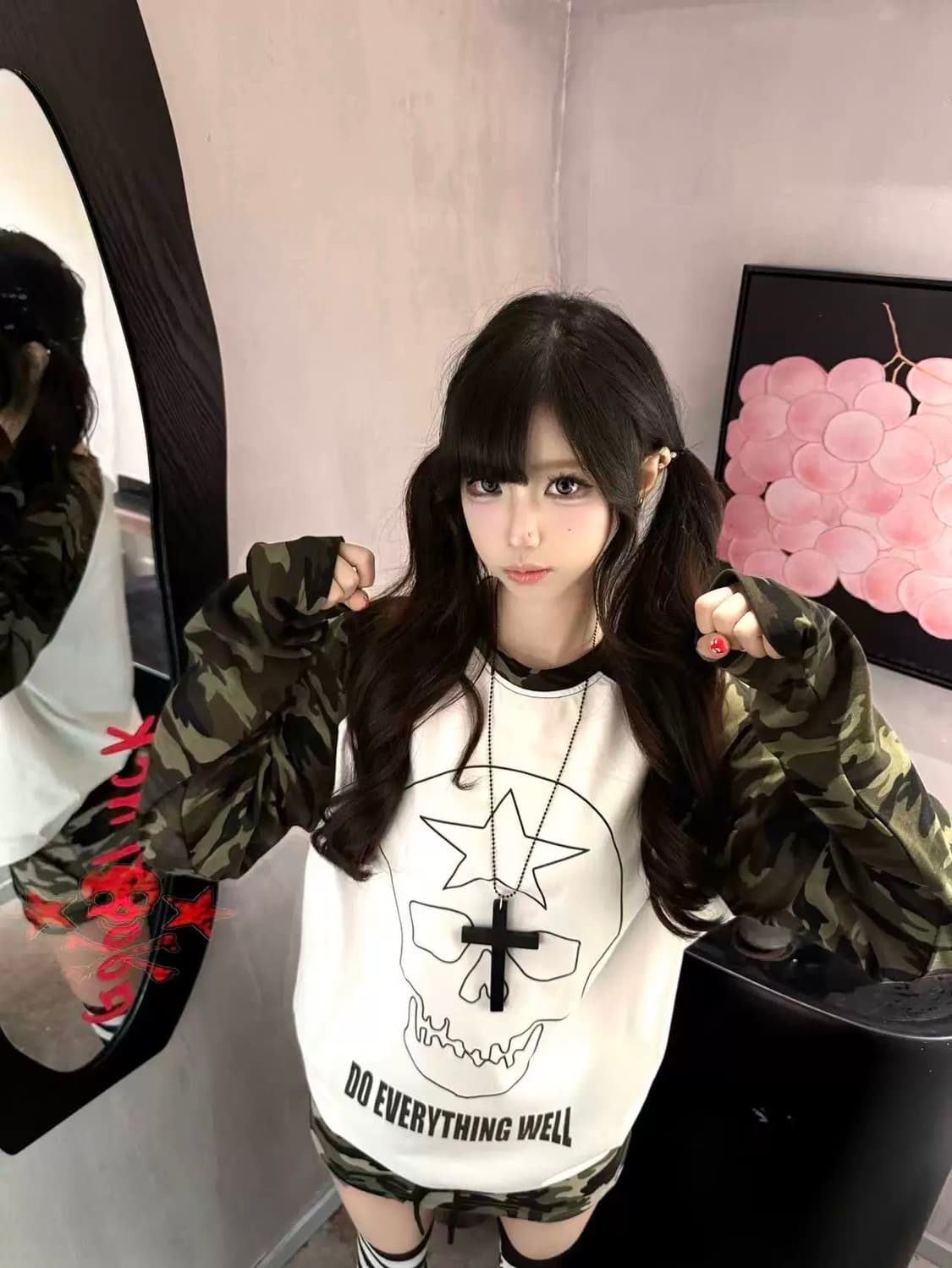 카모 소매 스컬 프린팅 래글런 긴팔 티셔츠 상품이미지4