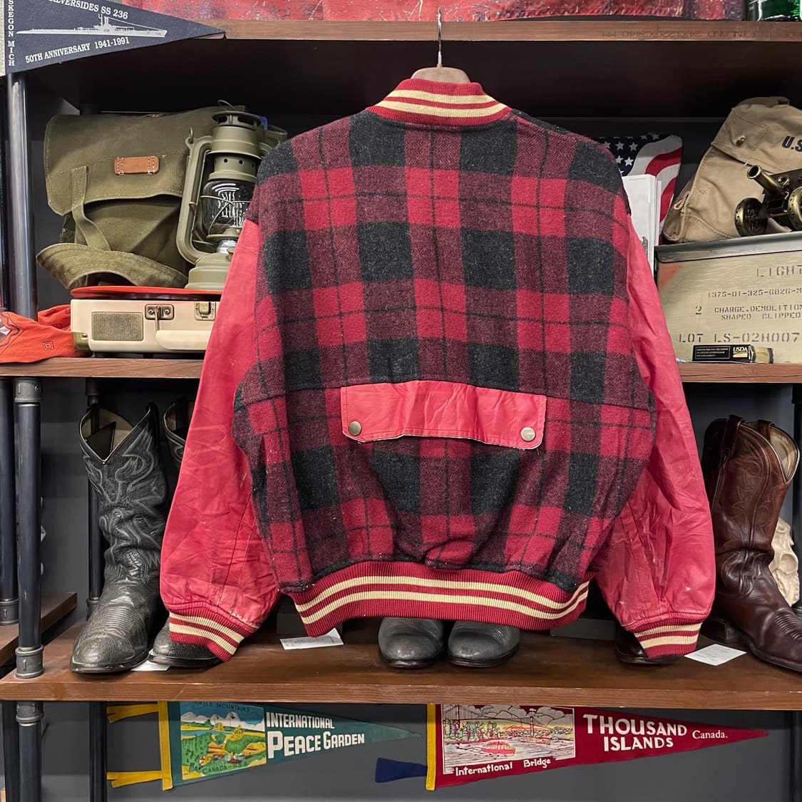 90s GRIP 스포츠 체크 레더 암 바시티 자켓 상품이미지2