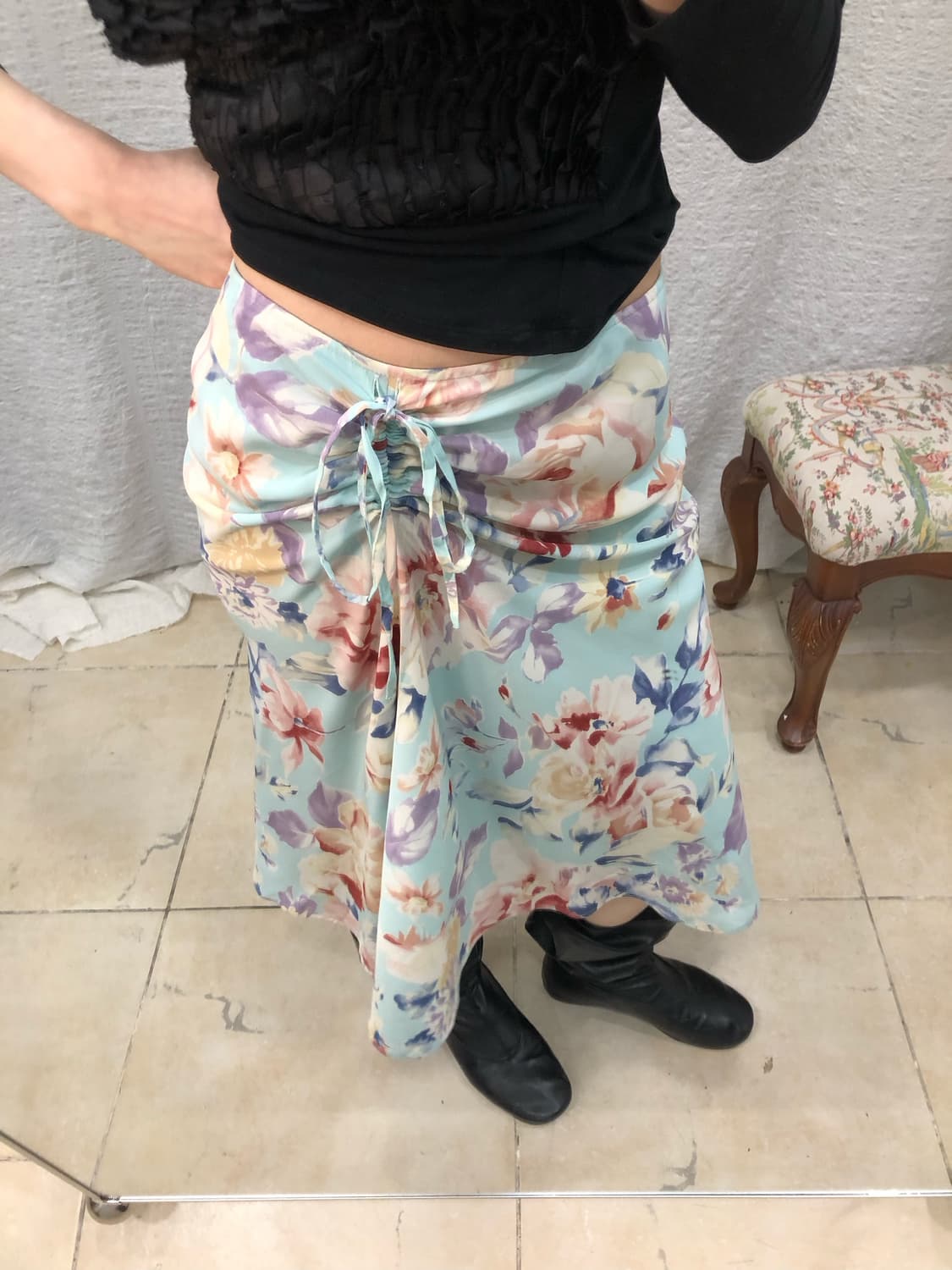 Mint floral string satin skirt 상품이미지2