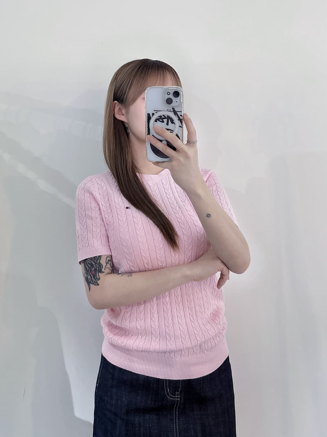 타미힐피거 스몰로고 베이비핑크 케이블 반팔 니트 상품이미지1