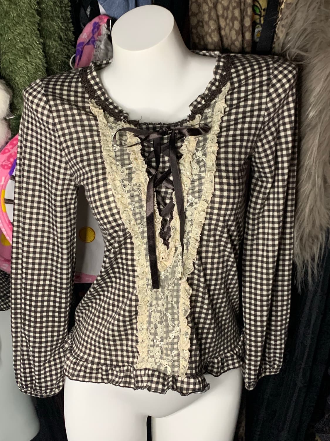 엑시즈팜 쿠마모리 라떼갸루 브라운체크 탑 상품이미지1