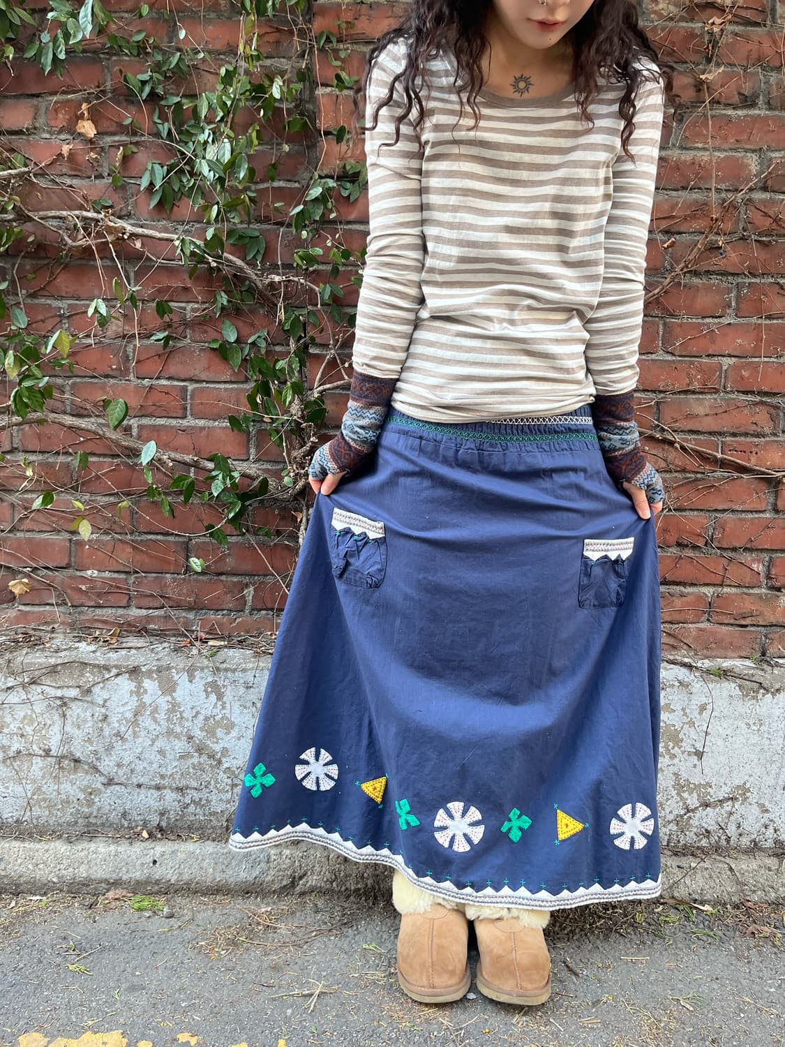 패치 포인트 블루 코튼 롱스커트 상품이미지1