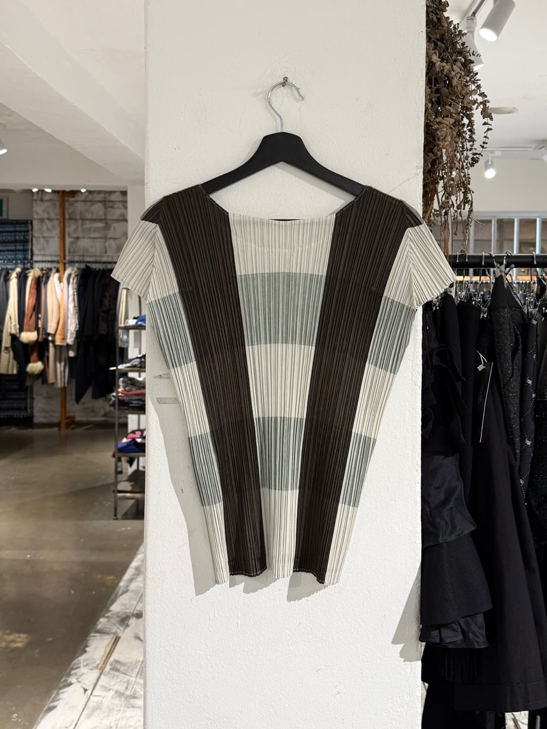  플리츠 플리즈 민트 브라운 스트라이프 배색 탑 스커트 셋업 상품이미지3