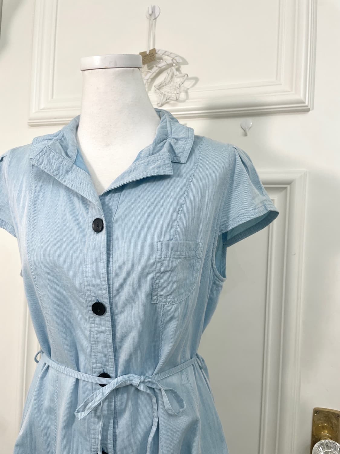 sky blue puff sleeve cotton belt mini op 상품이미지5