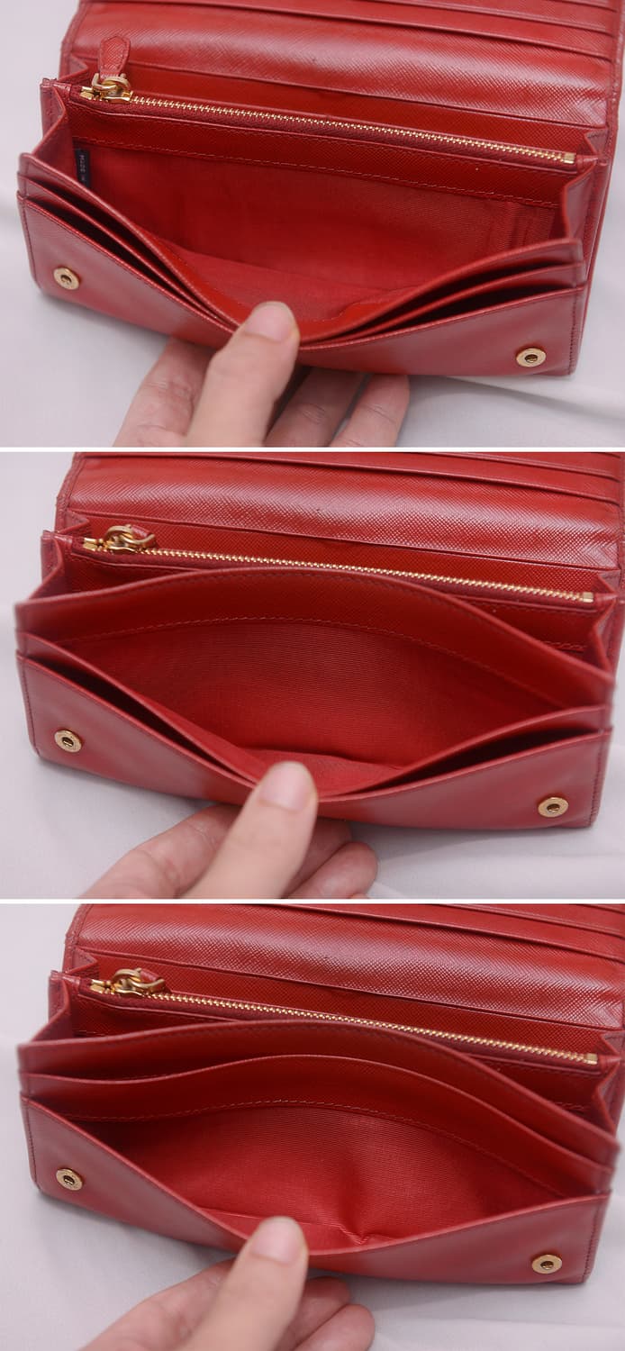 프라다 삼각로고 금장 레드 사피아노 플랩 장지갑 상품이미지9