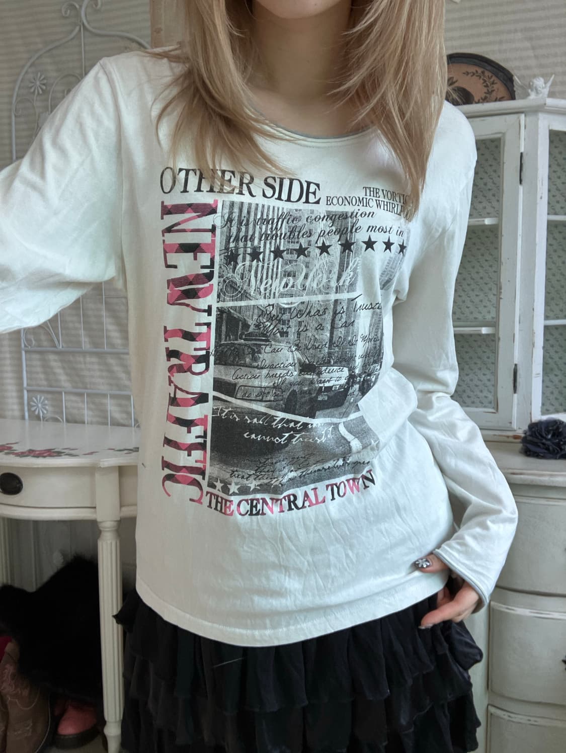 일본빈티지 아이보리 너드 하이틴 프린팅 롱 슬리브 티셔츠 상품이미지2