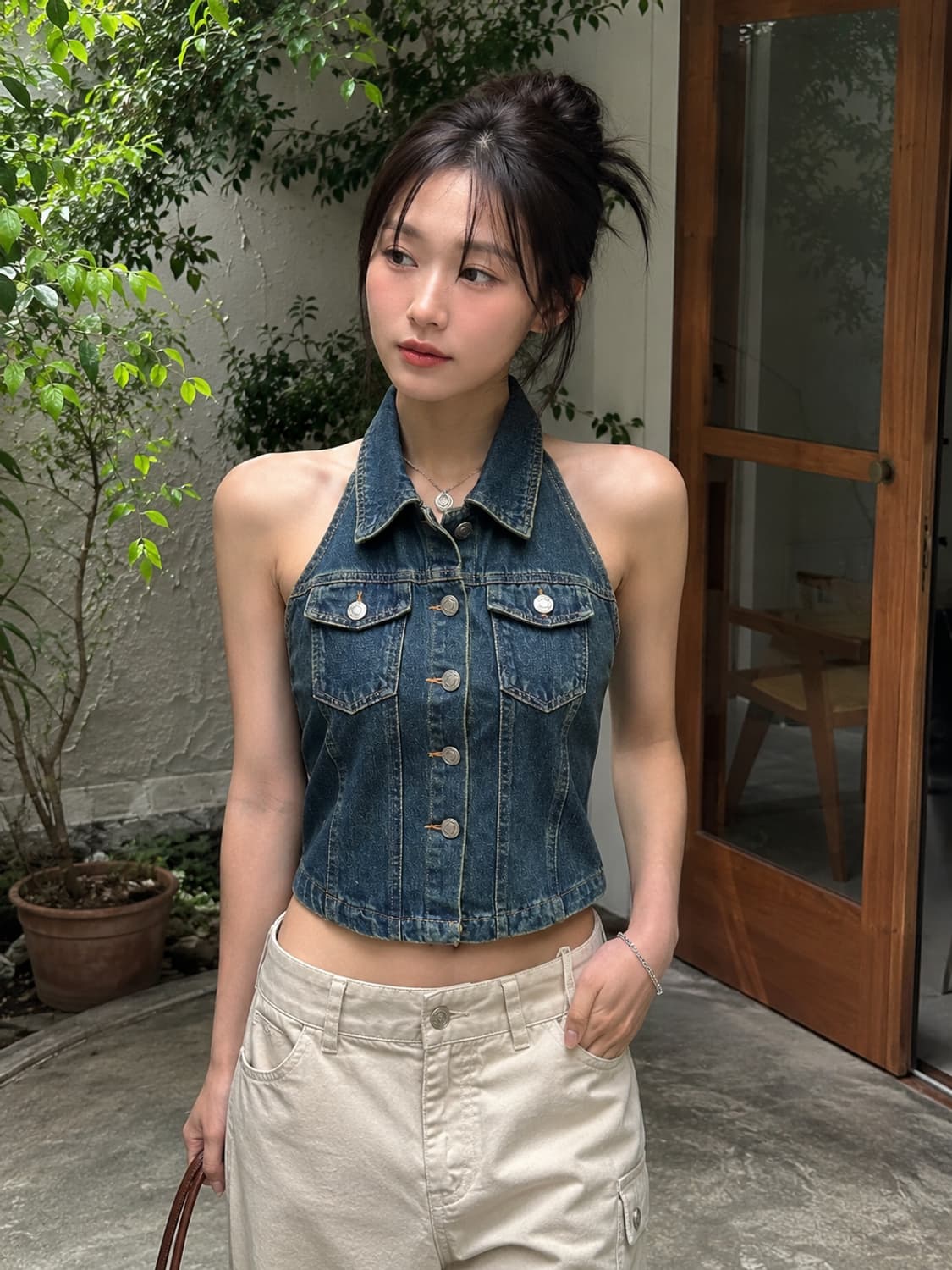 (새상품) Molorda 백리스 스트렙 뷔스티에 데님 탑 상품이미지1