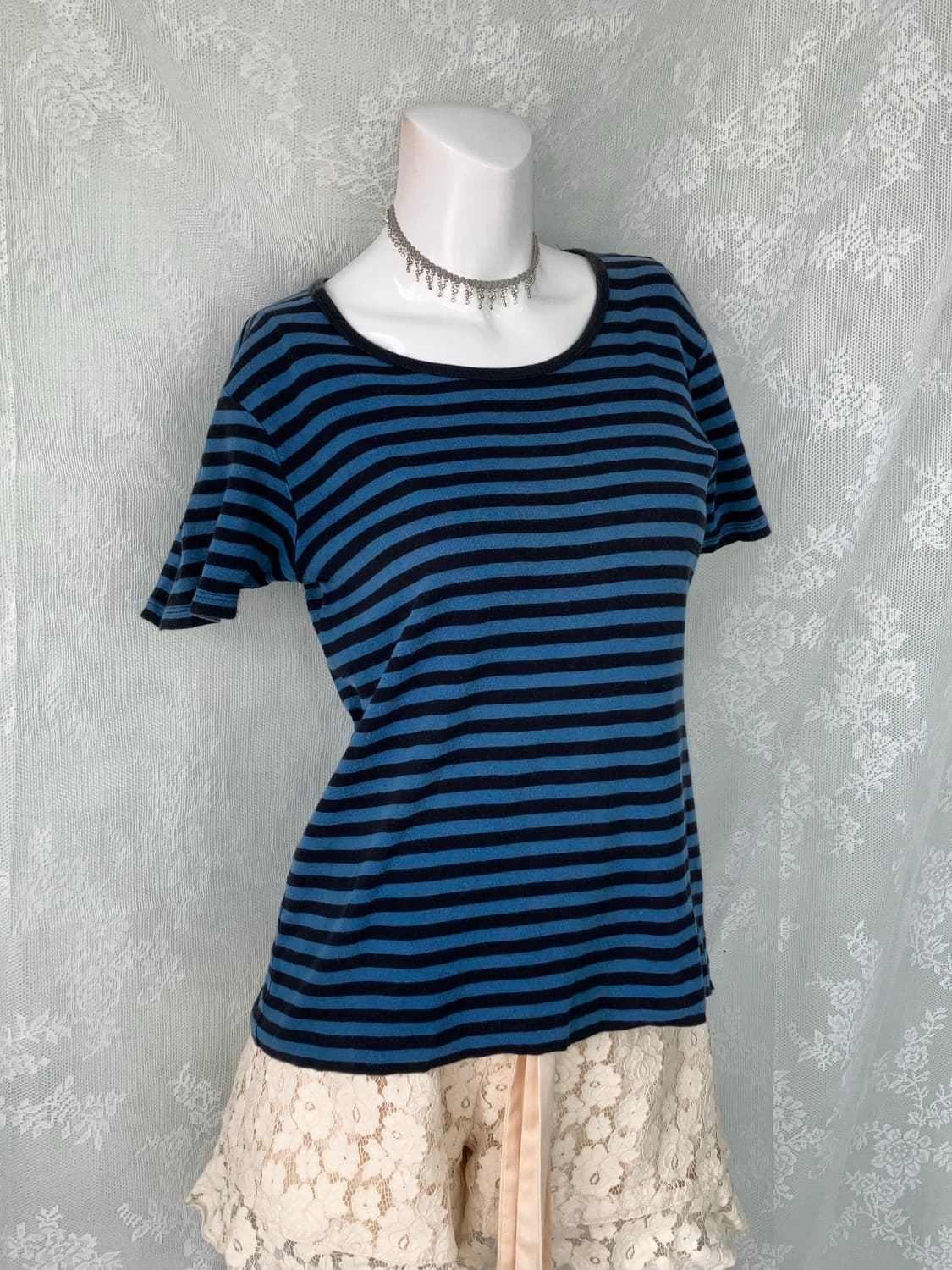 빈티지 블루 스트라이프 모리 반팔 1114 모리걸 y2k 스트릿 갸루 펑 상품이미지1