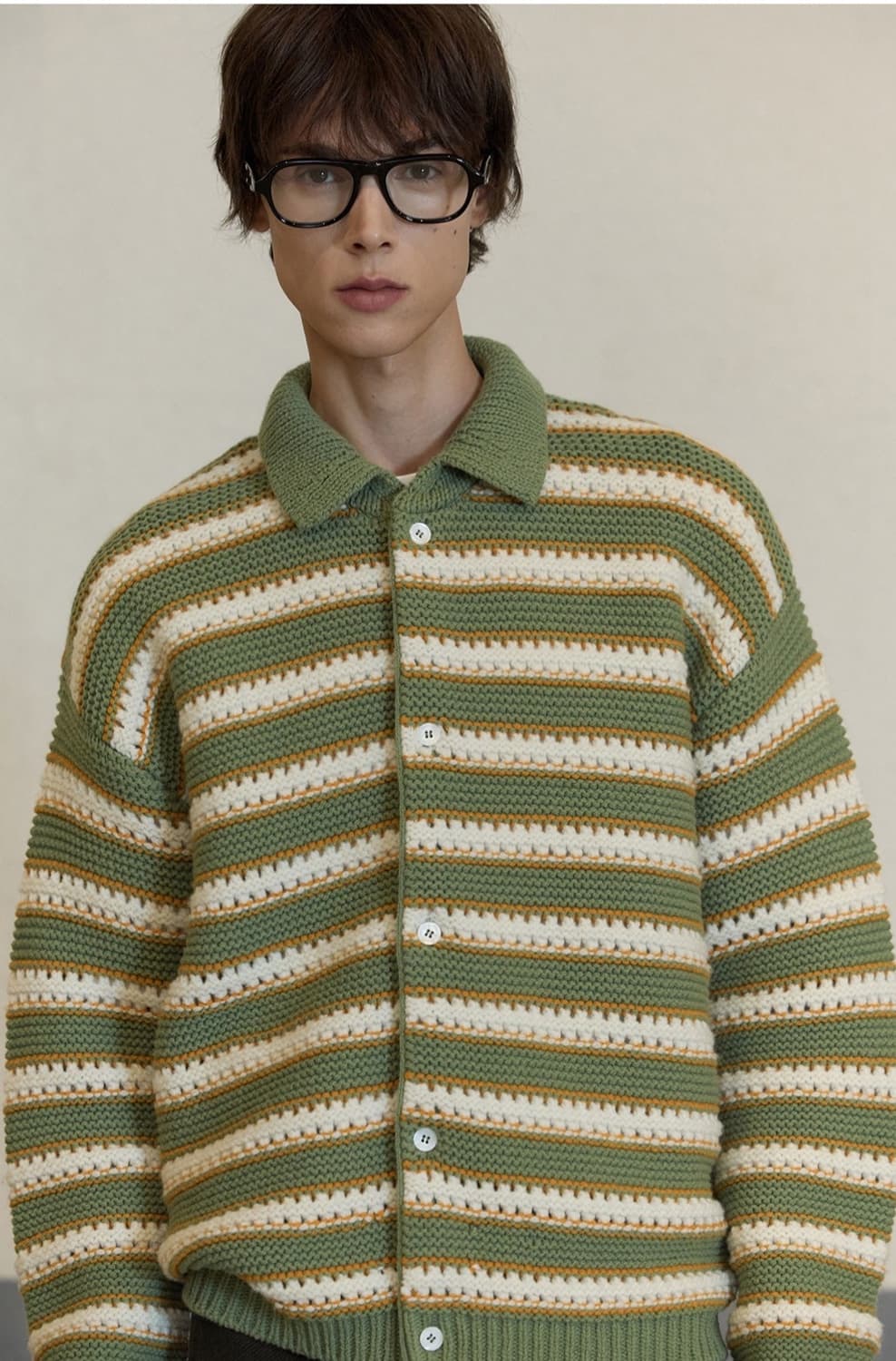 STU 울 카라 스트라이프 가디건 올리브그린 상품이미지2