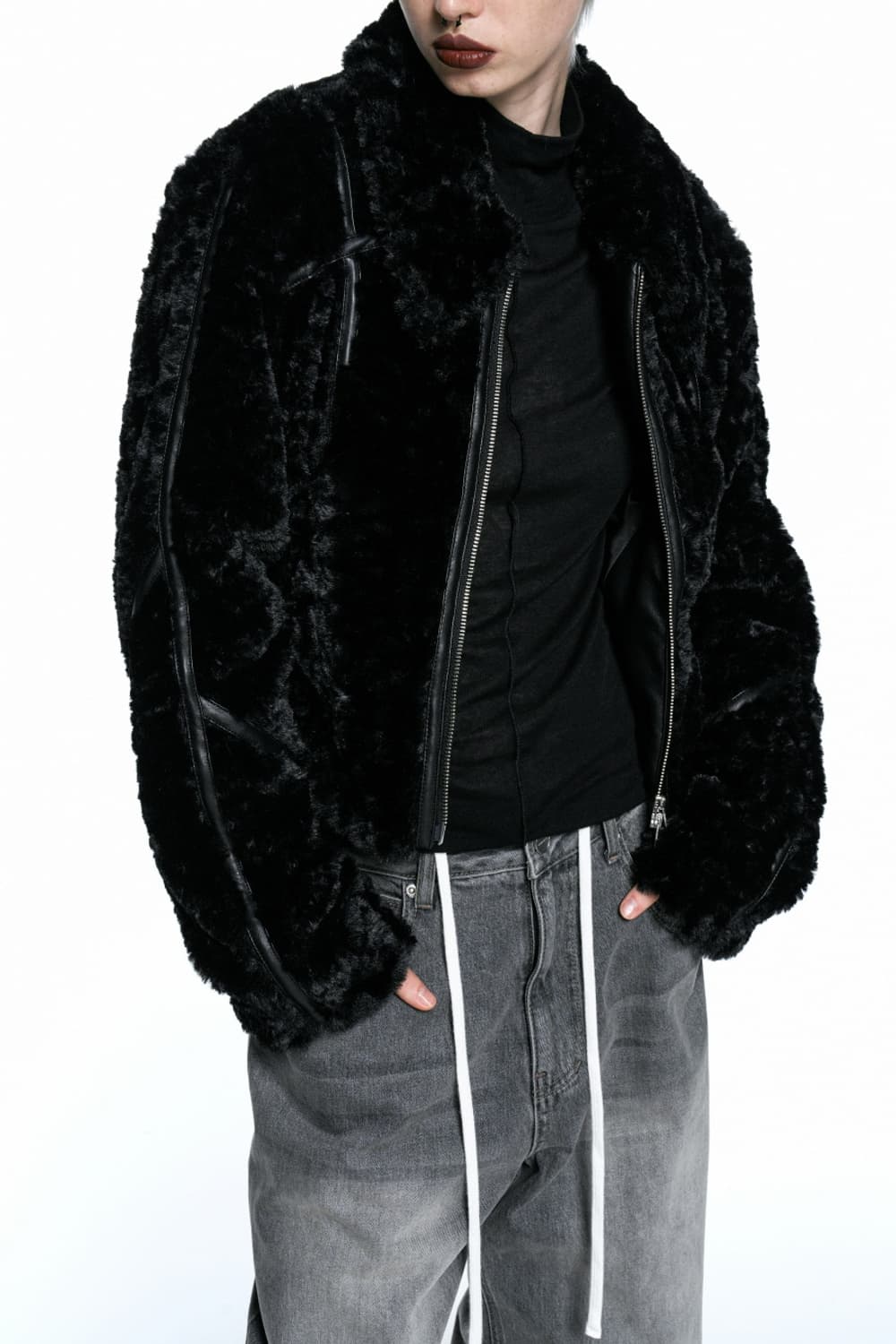 인사일런스 우먼 레더 바인딩 포우 퍼 자켓 점퍼 블랙 M 상품이미지5