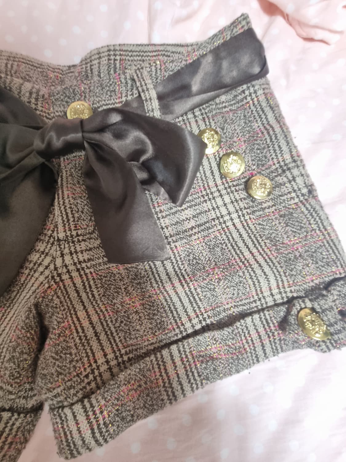 일본빈티지 체크 딸기초코맛 단추 리본 팬츠 라떼갸루 엑시즈팜 리즈리사 상품이미지4