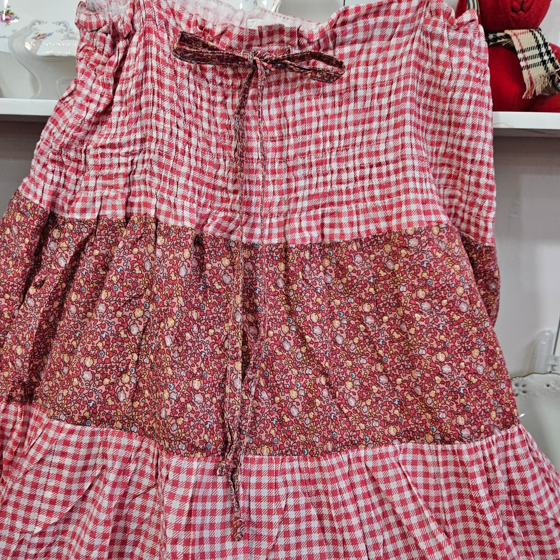 no0327핑크 깅엄 플라워 패치워크 원피스 상품이미지2