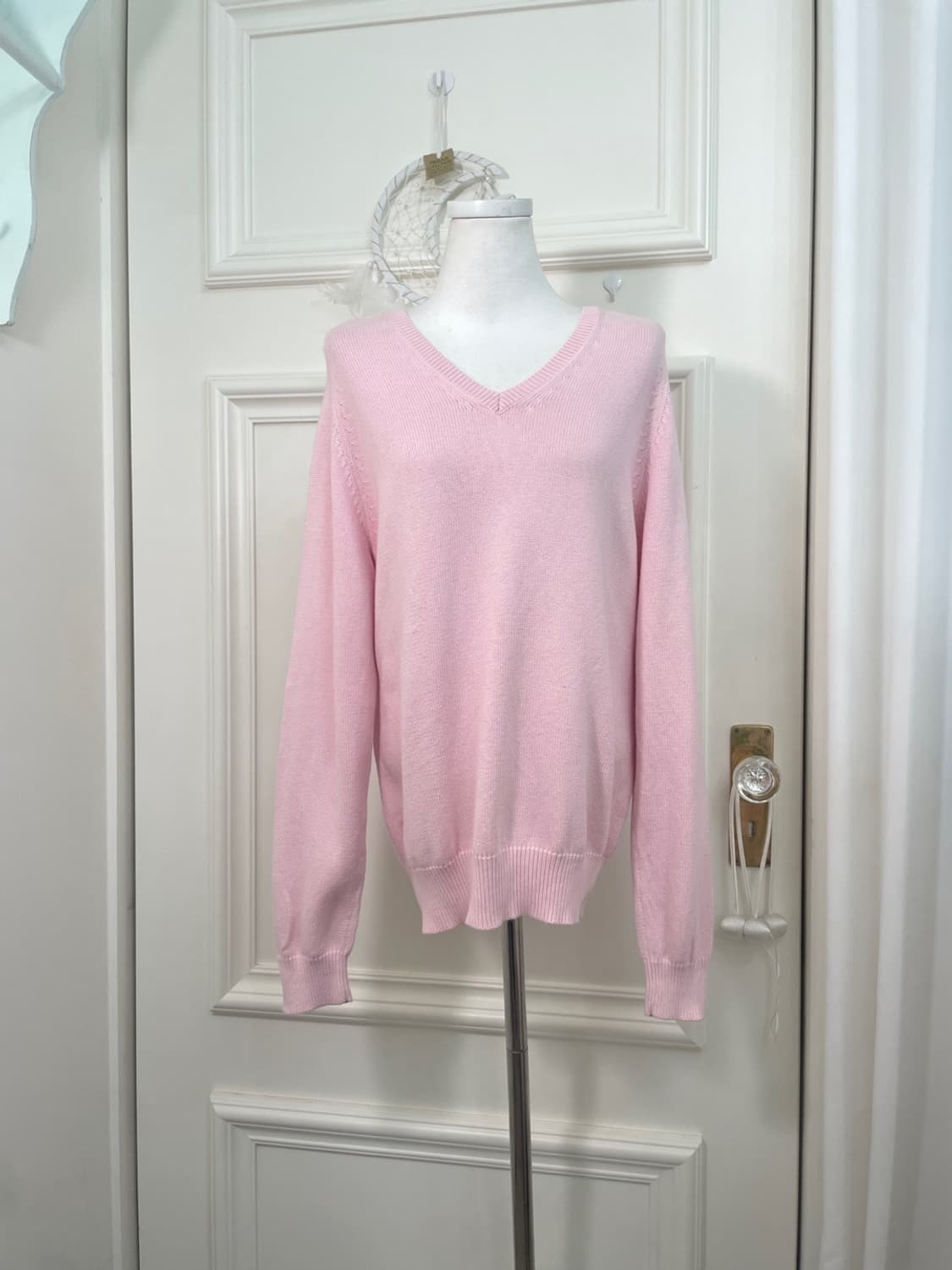 pink v-neck cotton basic sweater 상품이미지1