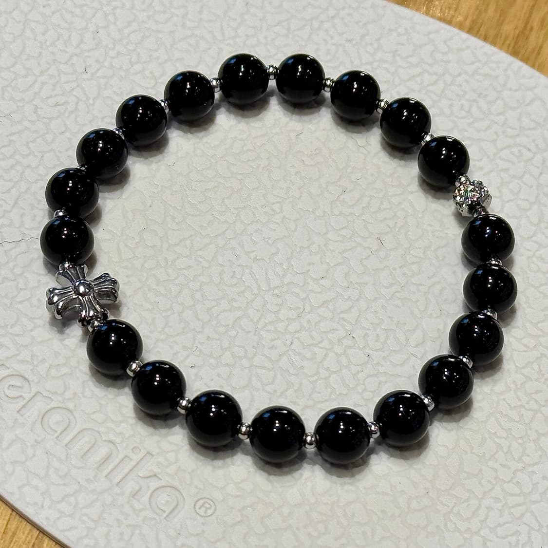 (핸드메이드) 천연석 오닉스 • 크롬 십자펜던트 원석팔찌 상품이미지1