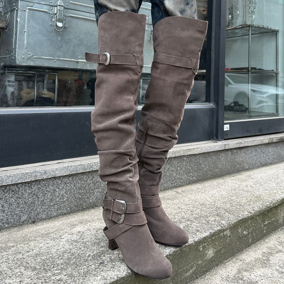 리얼 스웨이드 오버니 롱 버클 웨지 부츠 상품이미지10