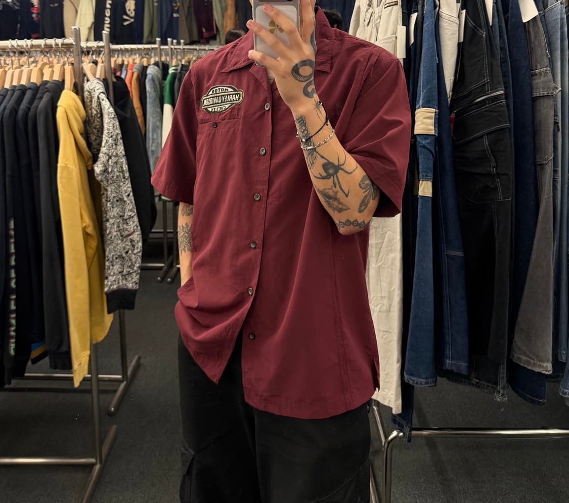 L)할리데이비슨 빈티지 자수 버건디 반팔 셔츠 상품이미지1