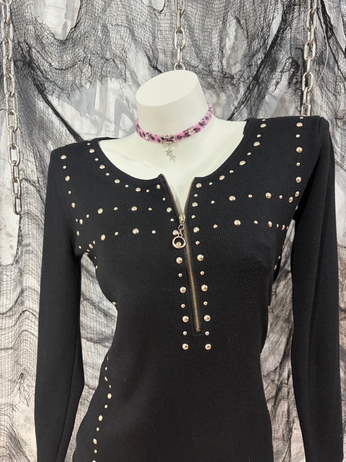 Y2K stud antique half zip-up knit long s 상품이미지8