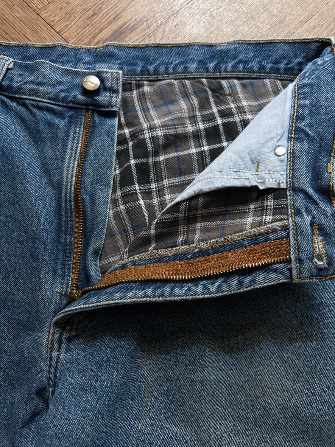 [36]칼하트 USA 빈티지 워싱 체크 라이닝 워크 데님 팬츠 상품이미지3