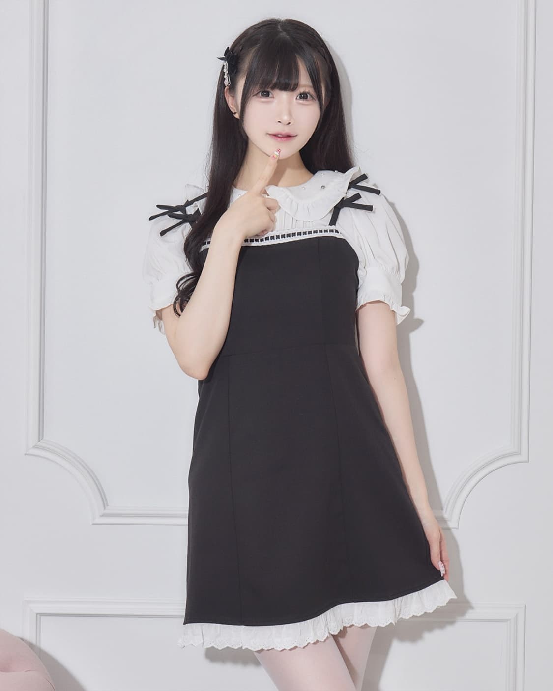 피움 일브 레이스업초커탑상의 페더울플레어스커트 코튼레이스프릴리본원피스 상품이미지4