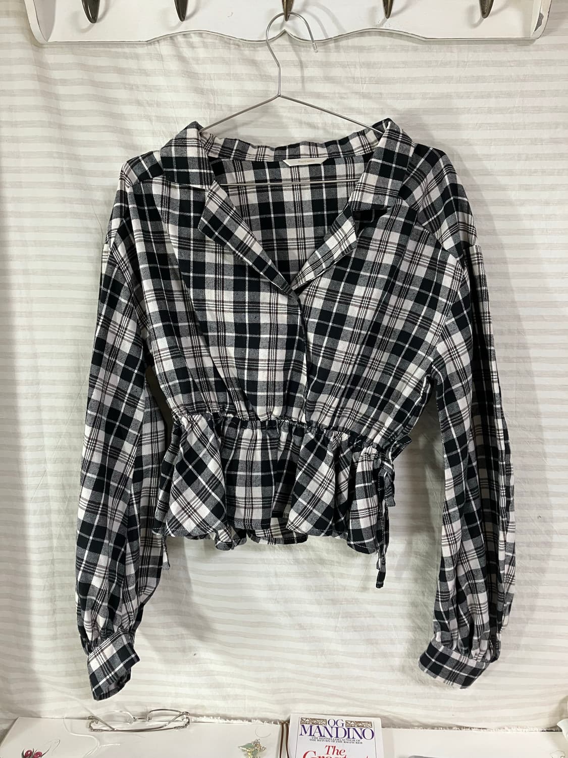 빈티지 체크 셔링 블라우스 1020 y2k 스트릿 갸루 펑키 일본빈티지  상품이미지1