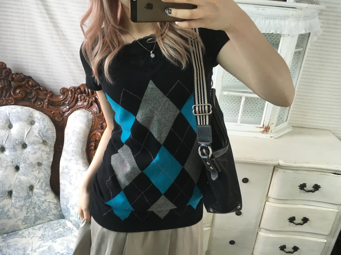 Set)아가일 니트 + 레이스 나시 상품이미지1