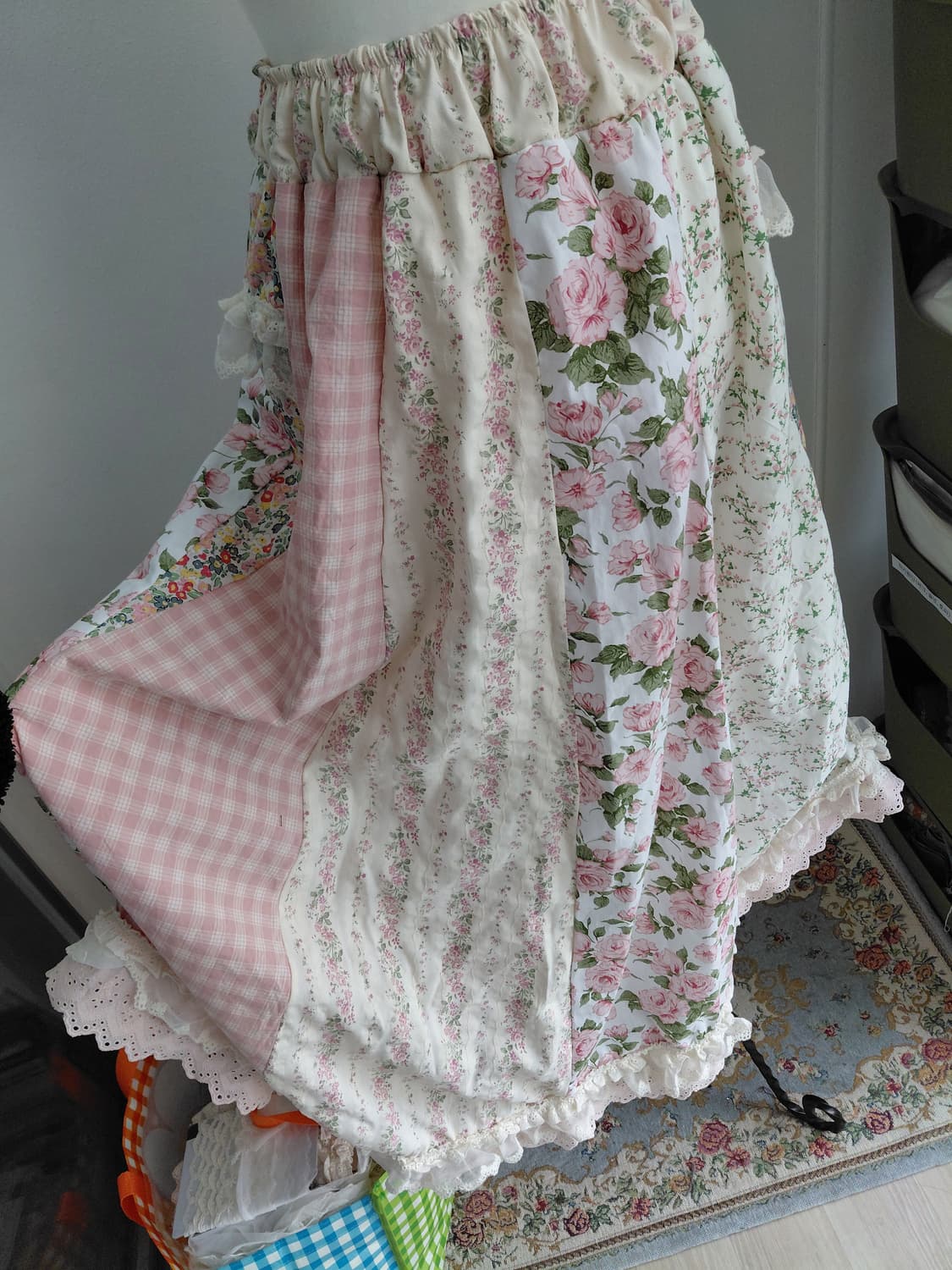 [핸드메이드 새상품] 빈티지 플라워 체크 패치워크 롱 스커트 상품이미지9