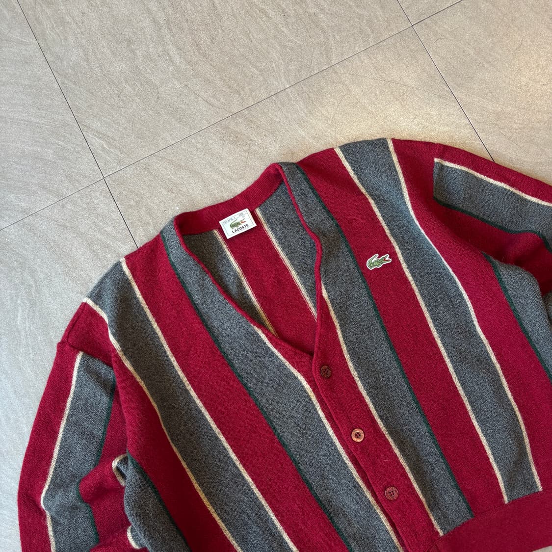 라코스테 그레이 , 버건디 스트라이프 울 가디건 자켓 해 상품이미지2