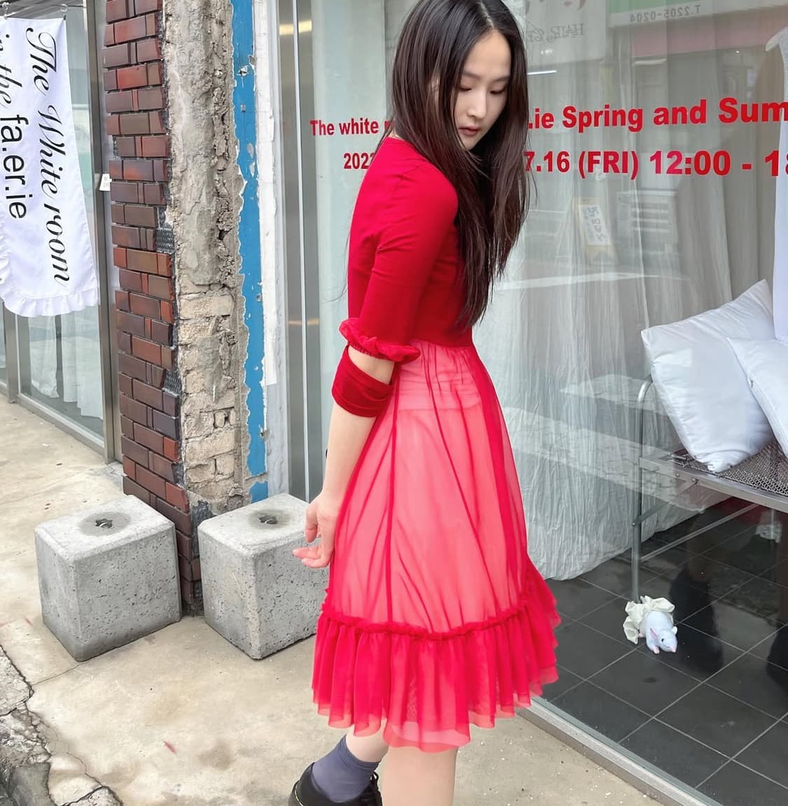 샵페어리 쉬폰 러플 미디 드레스 (red) 상품이미지5