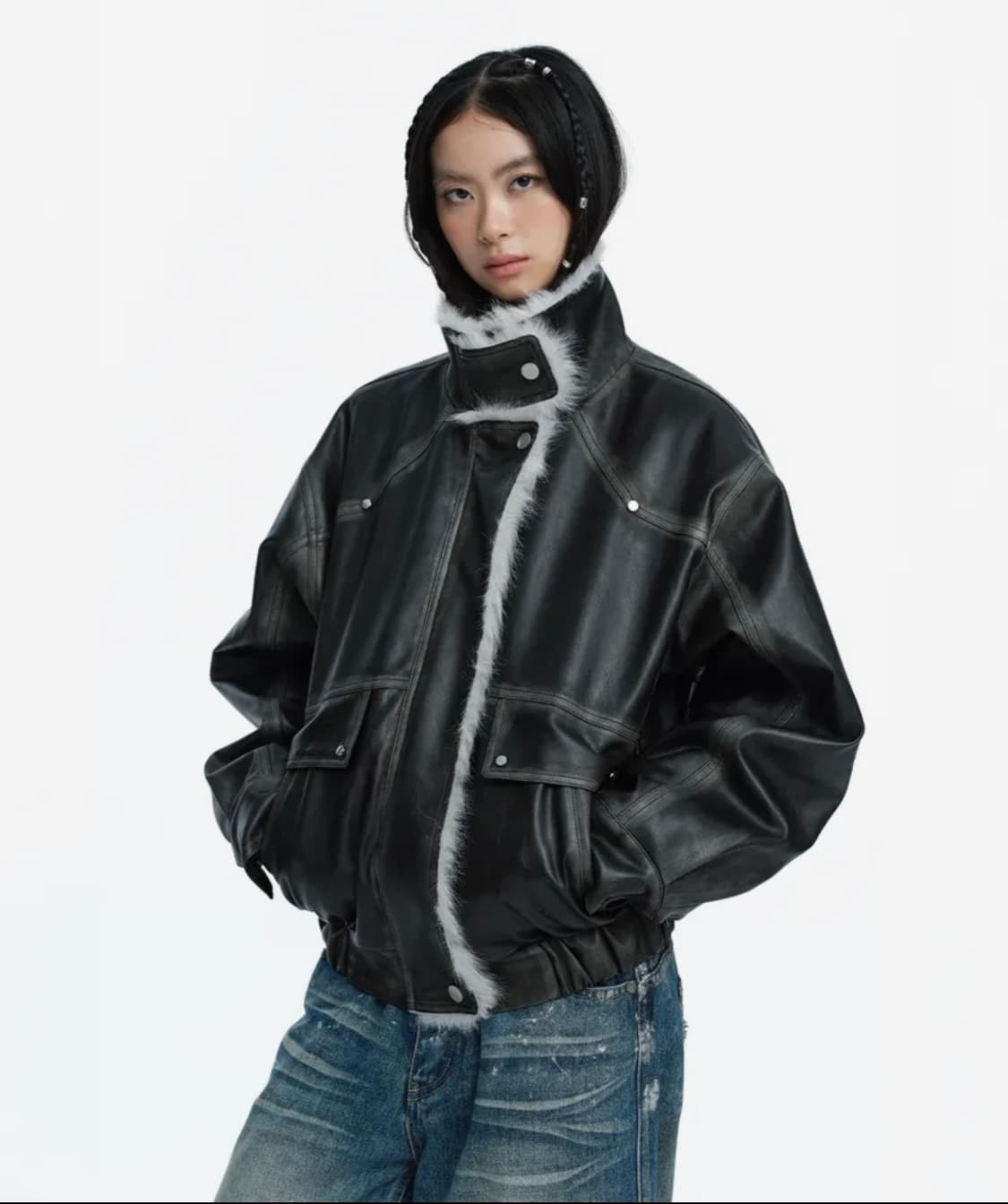 러프넥 레더 무스탕 자켓 그레이 상품이미지1