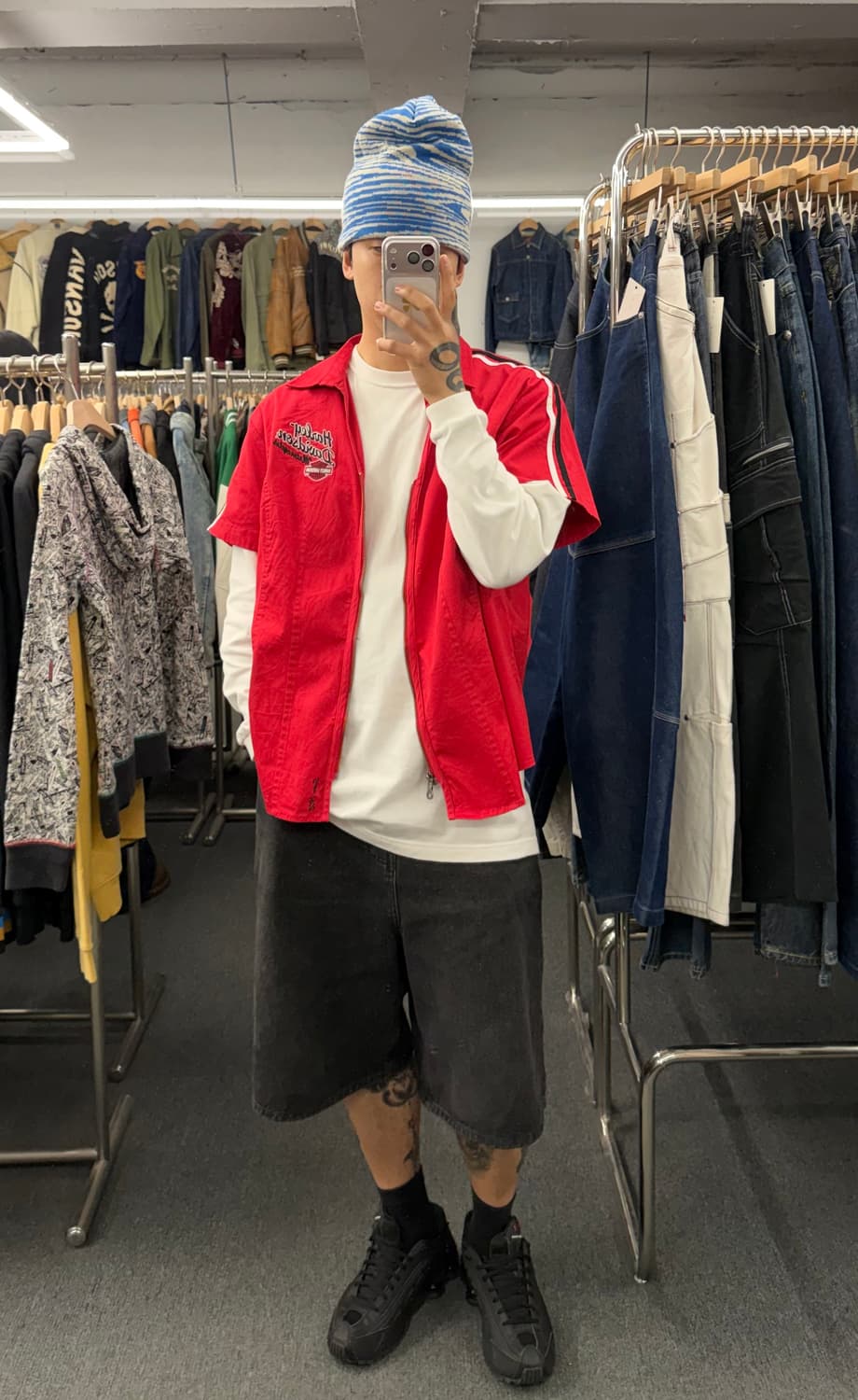 OS)할리데이비슨 빈티지 로고자수 반팔 집업 셔츠 상품이미지1