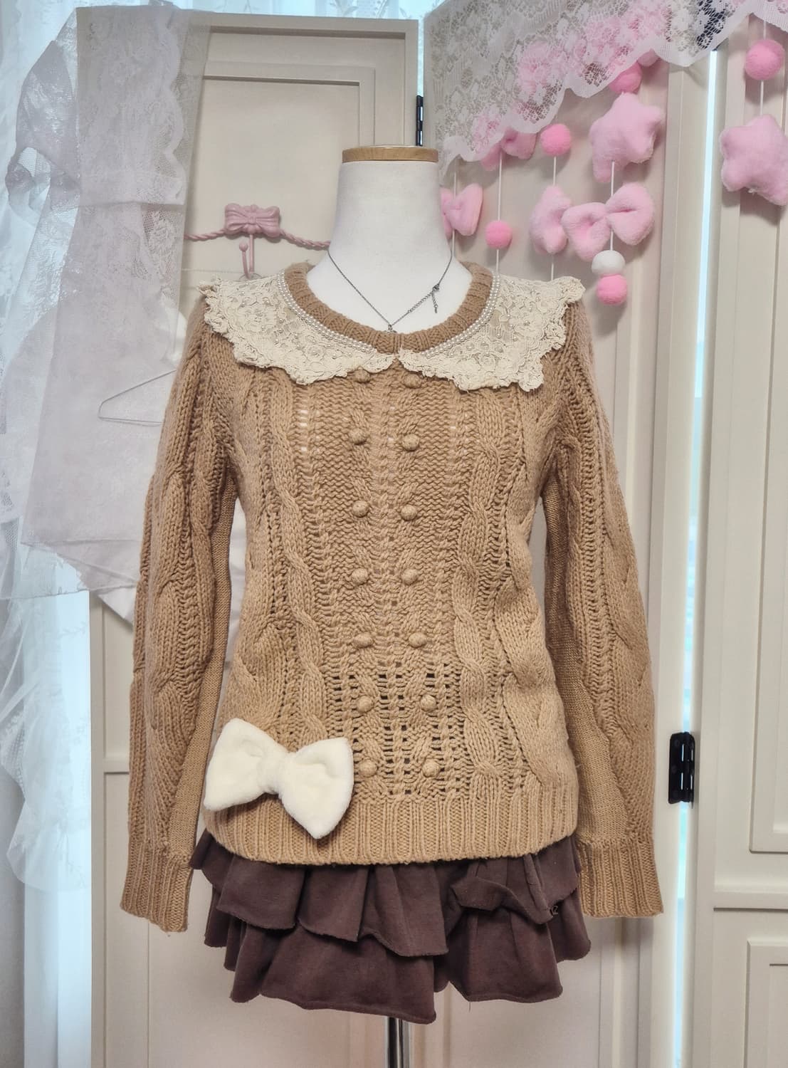 리즈리사깔 라떼갸루 레이스 폼폼 라떼 진주 니트  상품이미지1