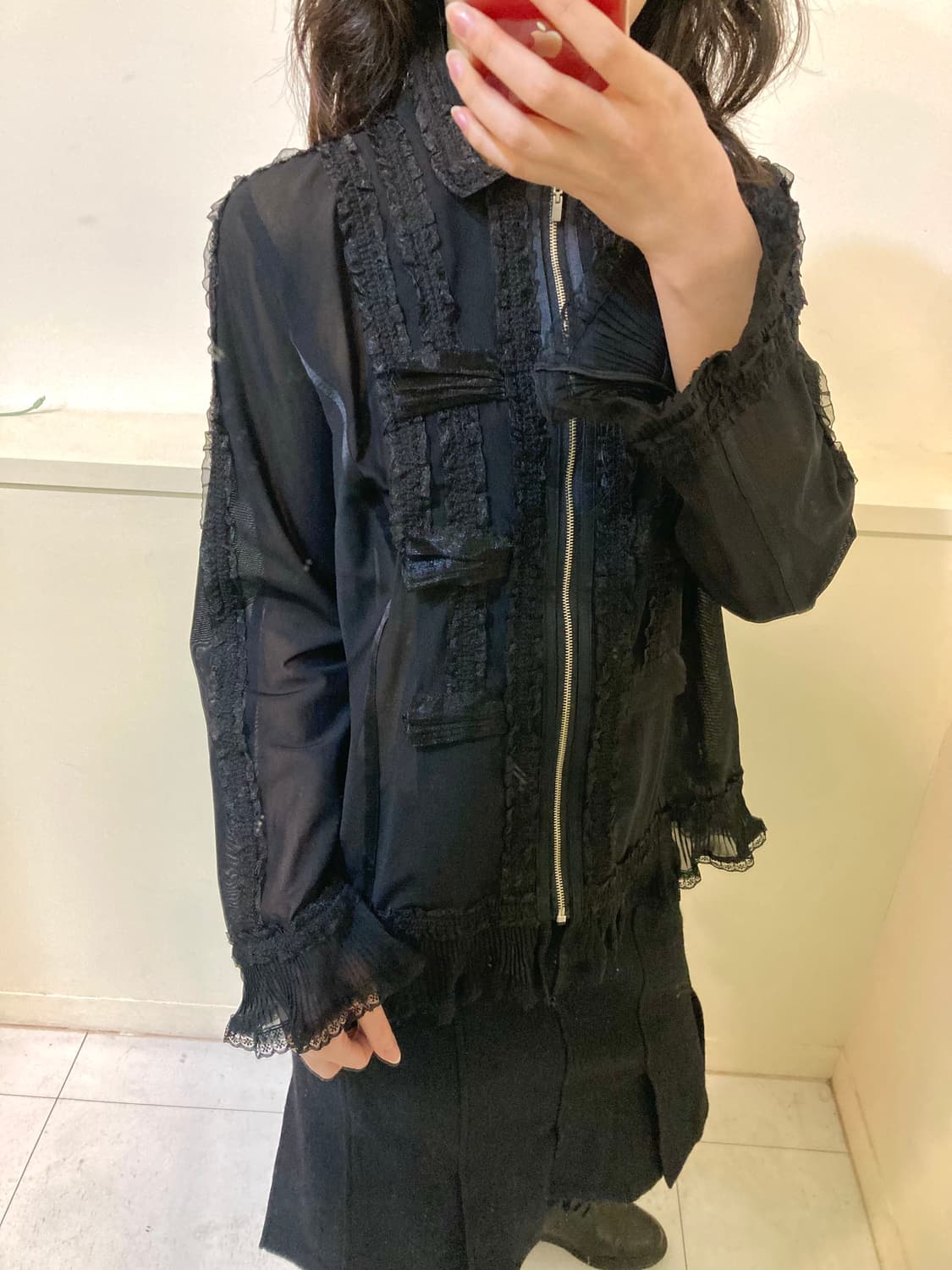 블랙 시스루 레이스 집업 블라우스 상품이미지10