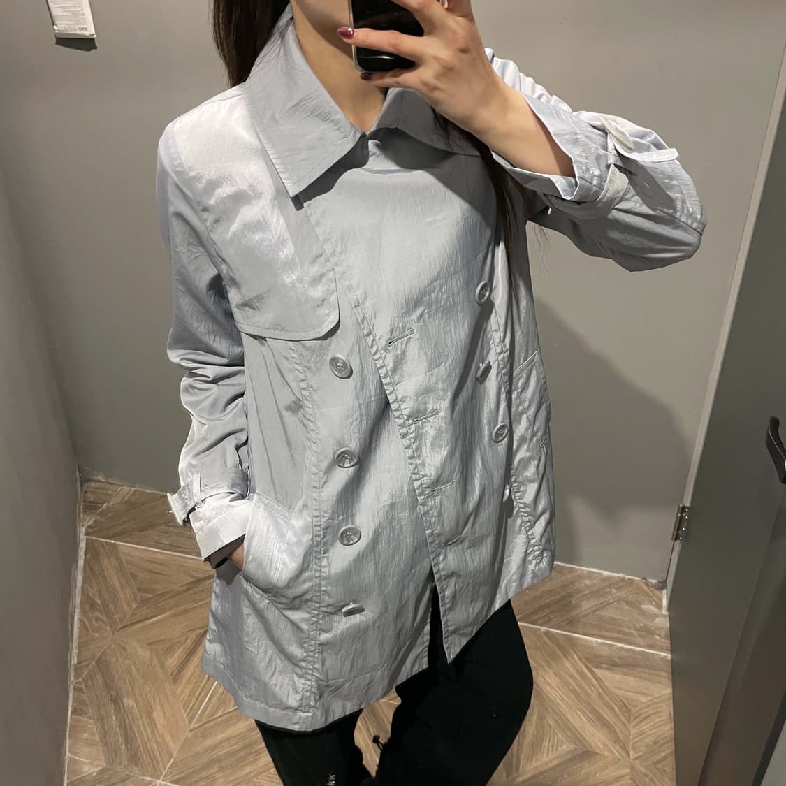 JPN VINTAGE 나일론 더블 트렌치 자켓 소매벨트 디테일 스카이블루 상품이미지6