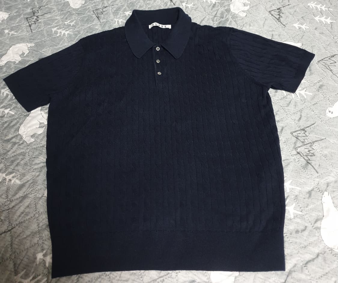 수아레 워셔블 케이블 니트 카라 반팔티 네이비 (M) 상품이미지1