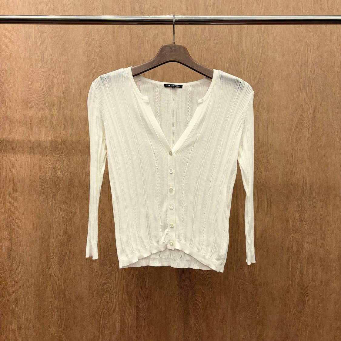 빈티지 긴팔 브이넥 가디건 세로 골지 소매 리브 마감 디테일 아이보리 상품이미지2