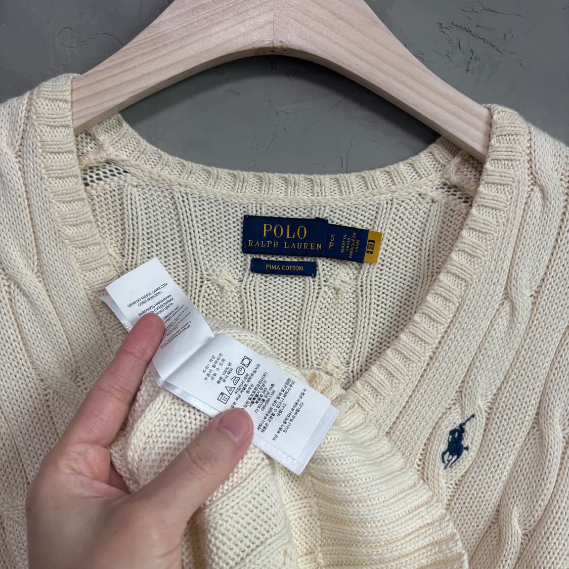 폴로 랄프로렌 피마코튼 꽈배기 브이넥 니트 아이보리 상품이미지3