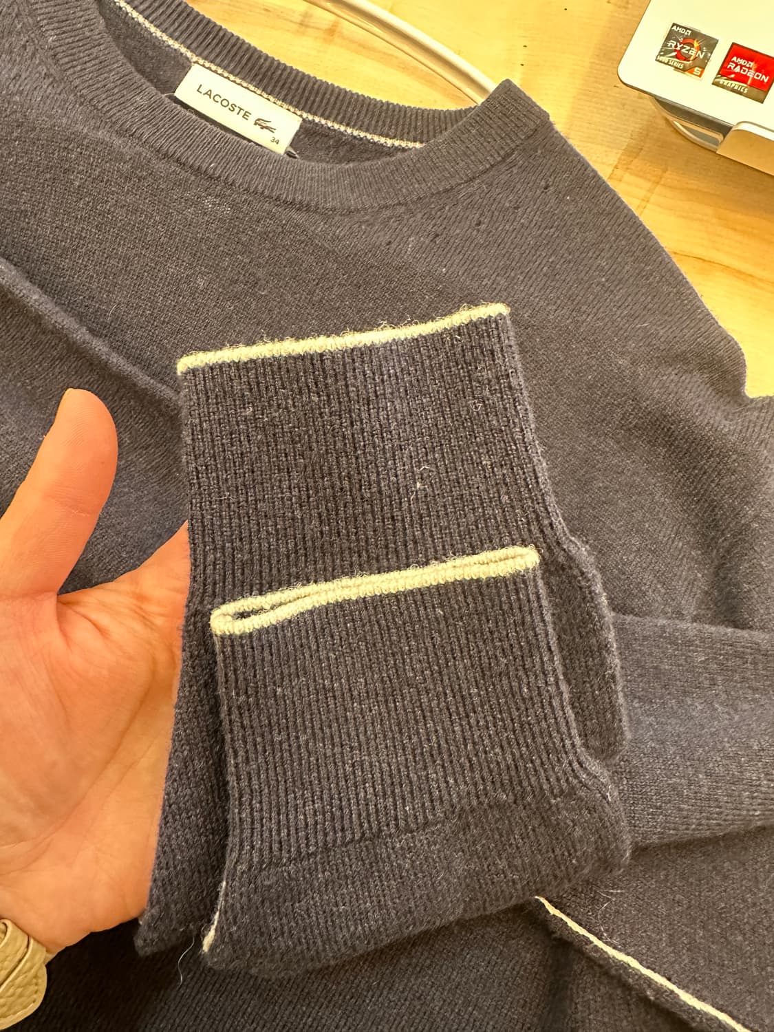 90) 라코스테 네이비 울100% 긴팔 니트티 상품이미지7