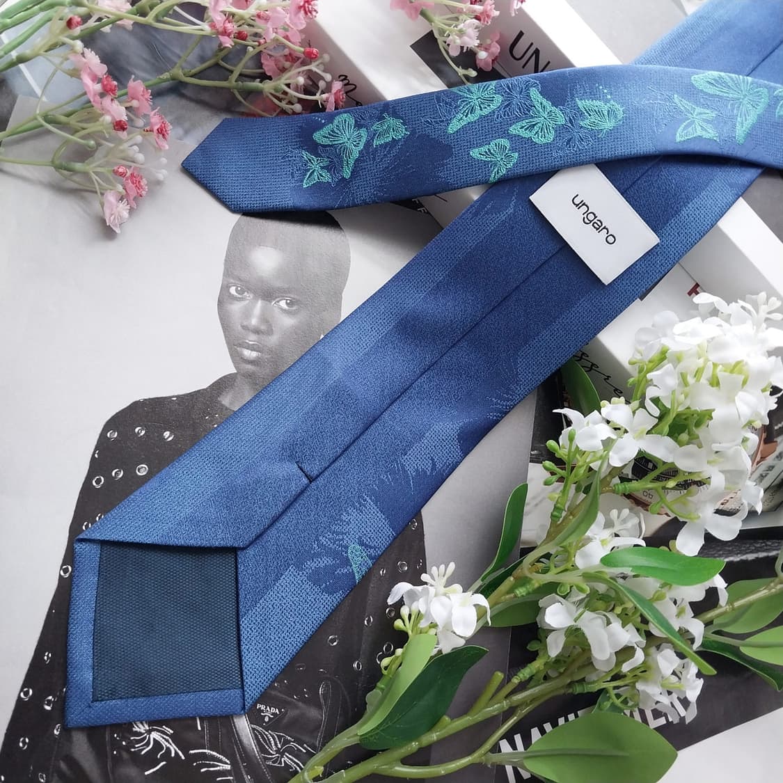 웅가로 실크 블루 나비 자카드 넥타이 8.2cm A+등급 K2450 상품이미지4