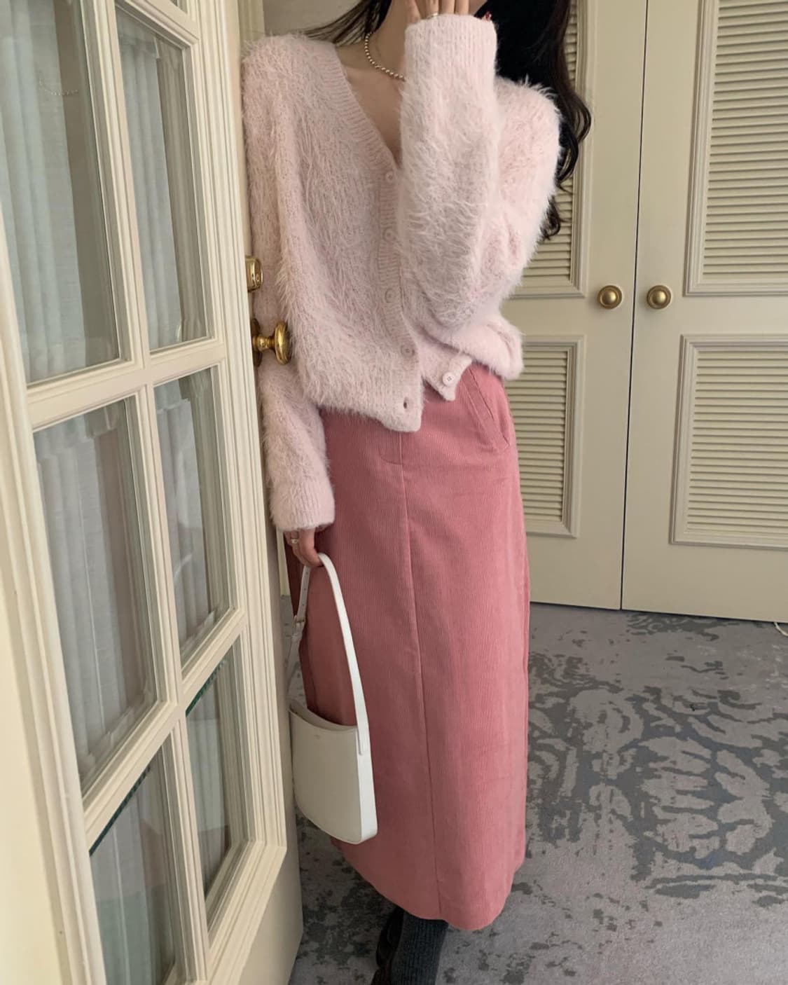 (PYT)프리티영띵 펄 단추 골덴 코듀로이 롱 H라인 스커트 핑크 S 상품이미지1