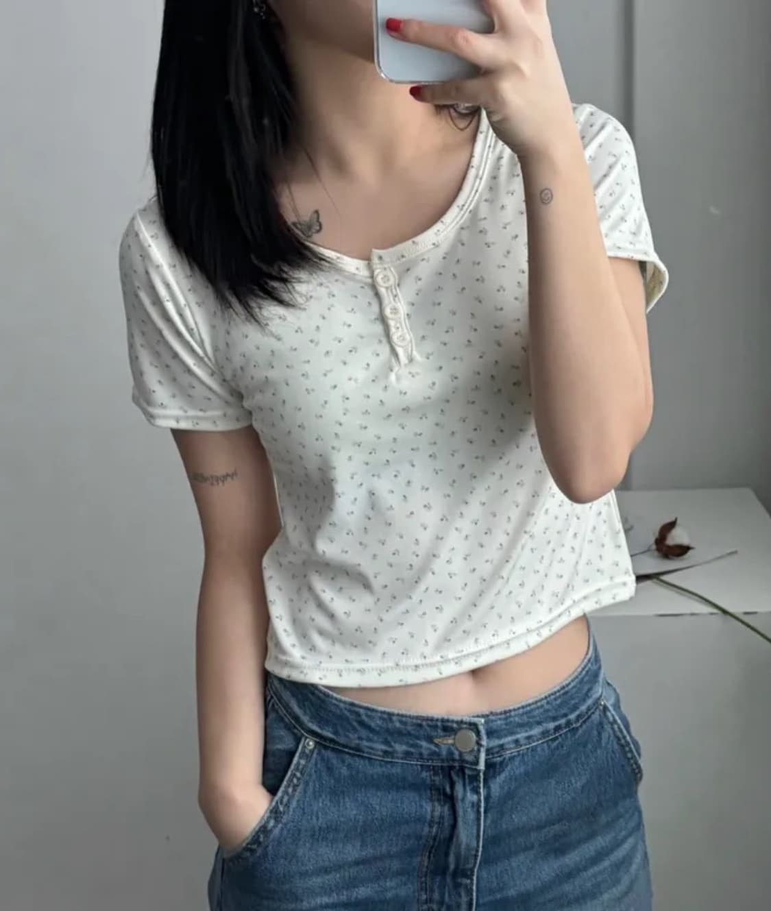 네이비 블루 잔꽃 단추 반팔 티셔츠 이너 모리걸 러블리 상품이미지2