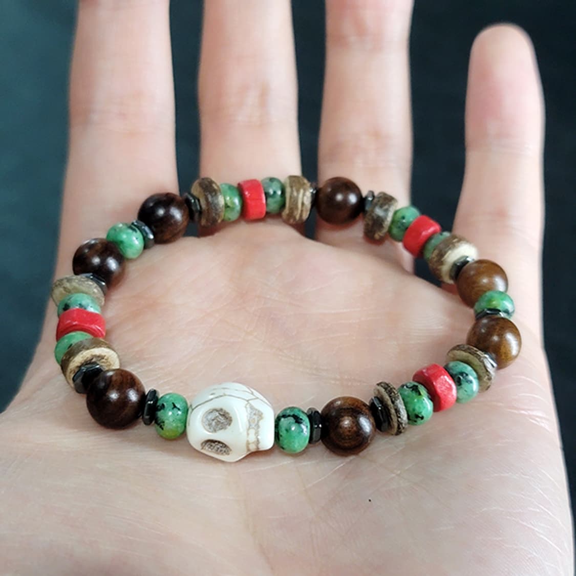 Mossar 로즈우드 8mm 남자 빈티지 비즈 나무 해골 원석 팔찌 상품이미지5