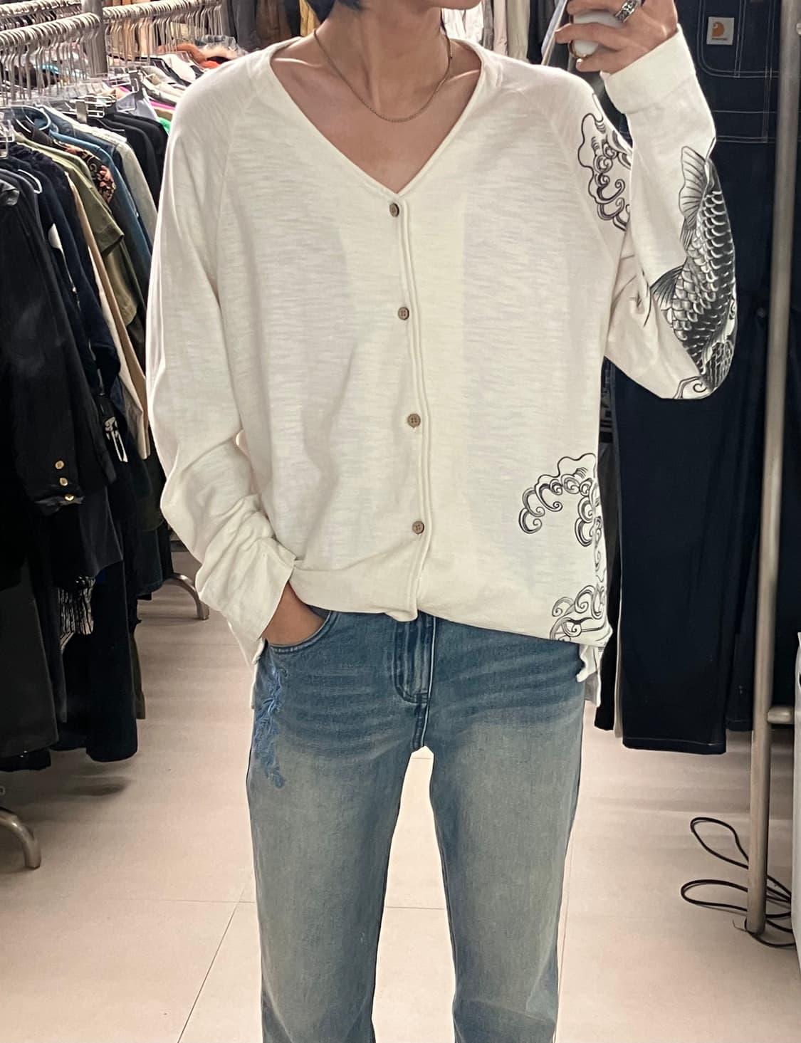 카라쿠리타마시 오리엔탈 잉어 자수 화이트 코튼 가디건 XL 상품이미지8