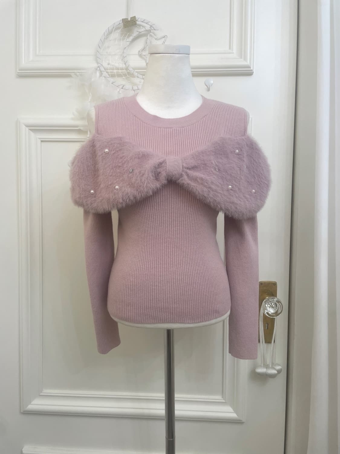 powder pink bow fur shoulder lovely knit 상품이미지1