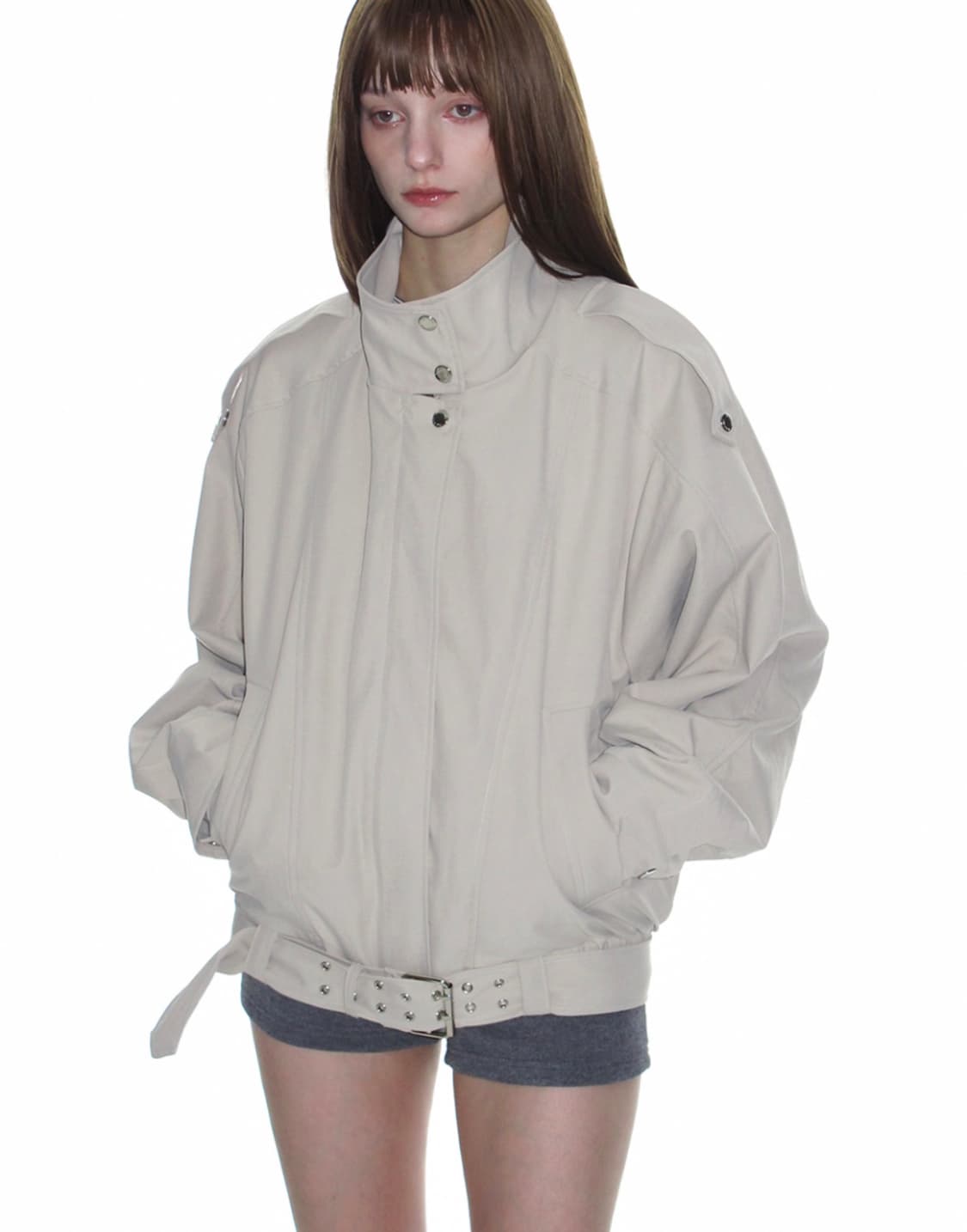 크랭크 하이넥 벨티드 블루종 자켓 상품이미지1